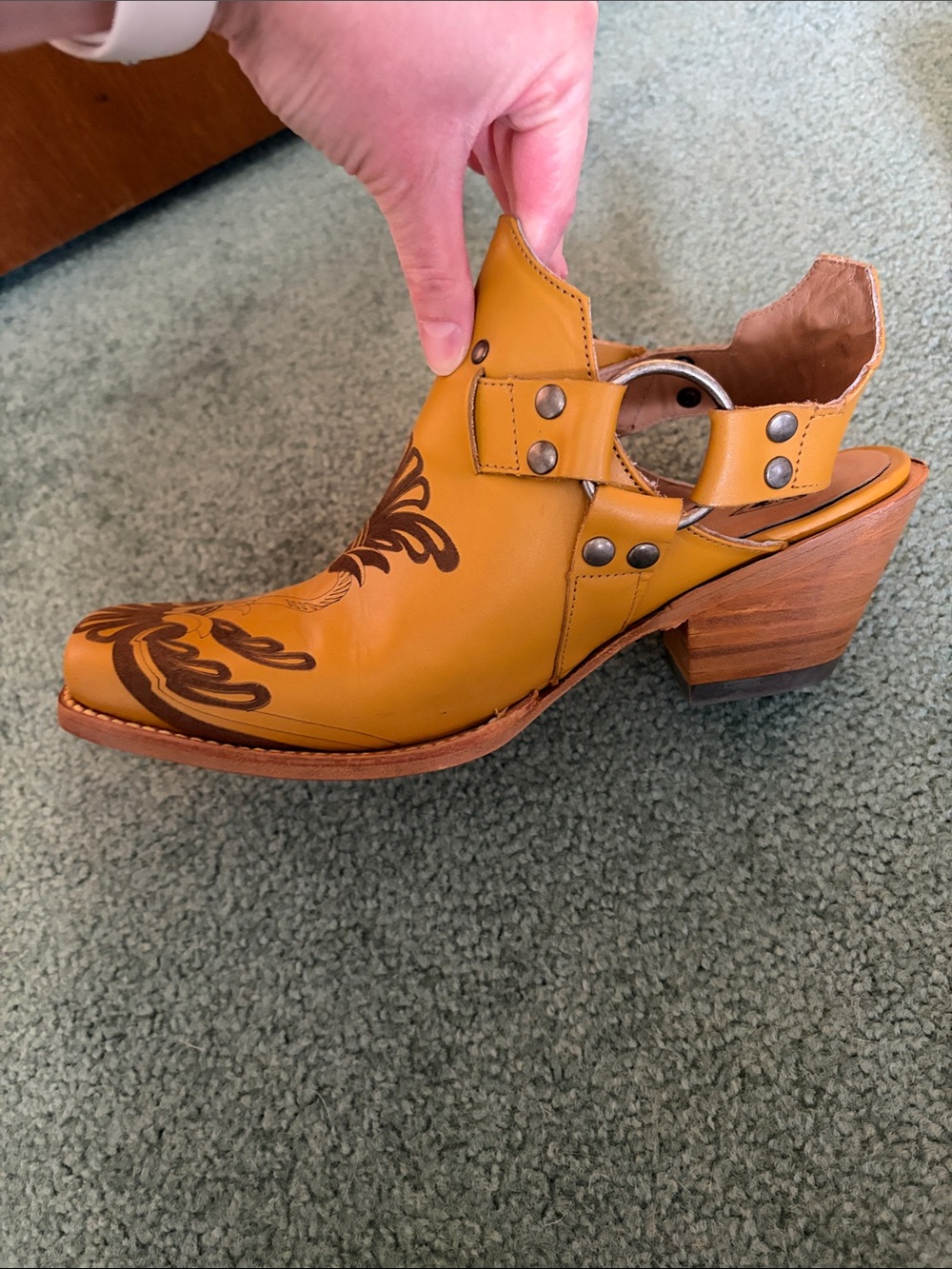 John Fluevog Mustard Leather Floral-Tooled Mule Clogs with Buckle - Picture 3 of 6